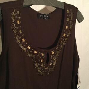 Jones NY 1x brown beaded neckline cotton top nwt